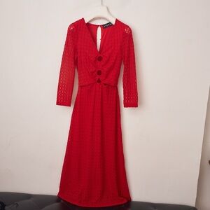 Uterque Elegant Red Lace Long Sleeve Dress